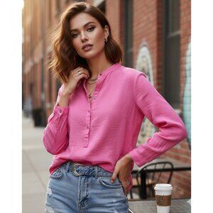 Fresh Produce Top XL Hot Pink 100% Cotton USA Long Sleeve Popover Preppy